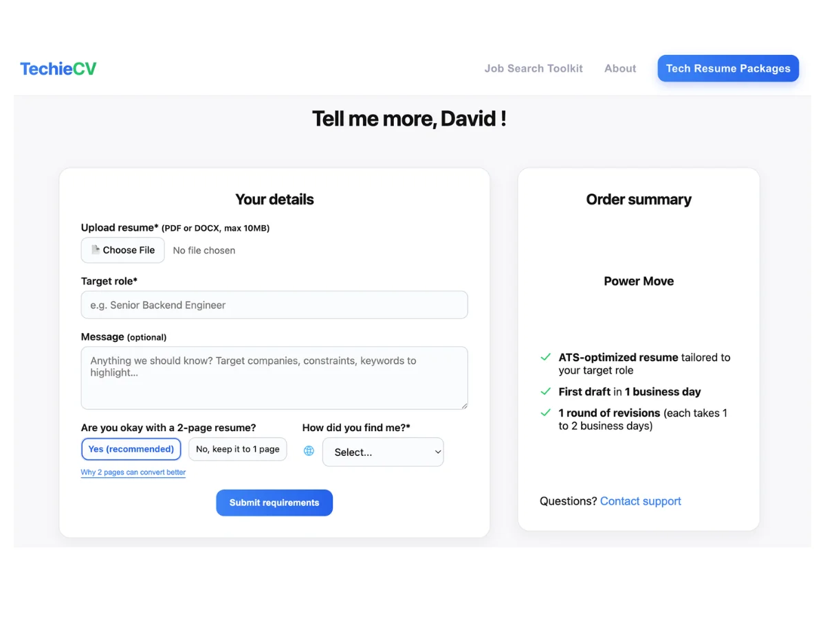 Requirements form for tech resume writing service