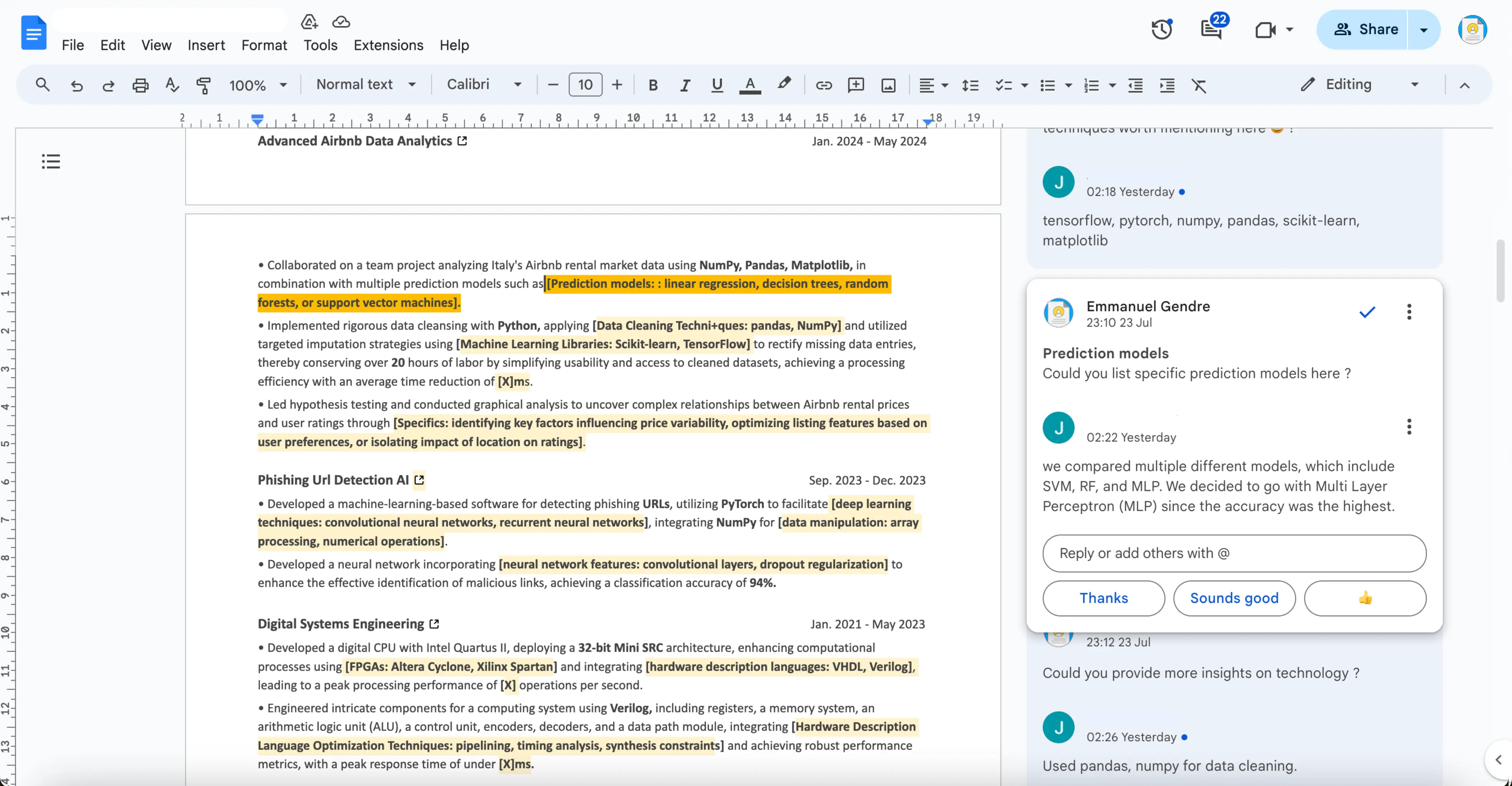 Tech resume first draft in Google Docs with recruiter comments and technical placeholders