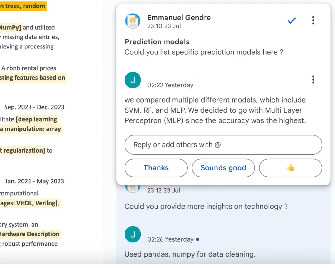 A comment thread between Emmanuel and a client inside the document