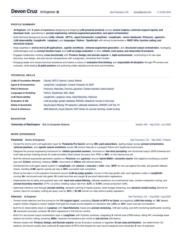 AI Engineer resume template preview