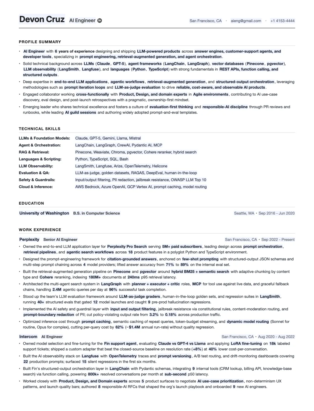 The AI Engineer resume template, filled in: profile summary, technical skills, education and work experience with the editable placeholders highlighted