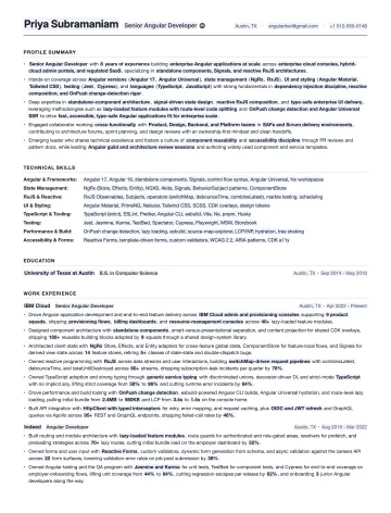 Angular Developer resume template preview