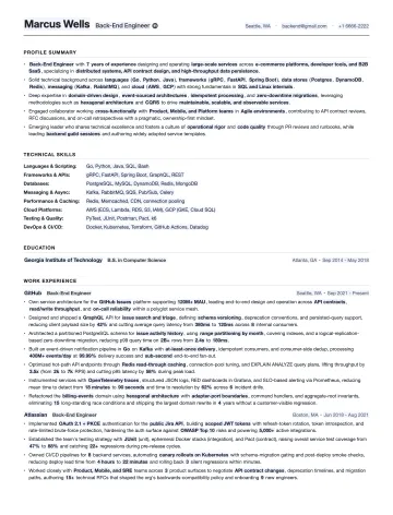 Back-End Engineer resume template preview
