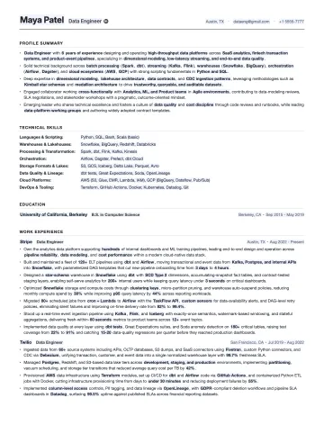 Data Engineer resume template preview
