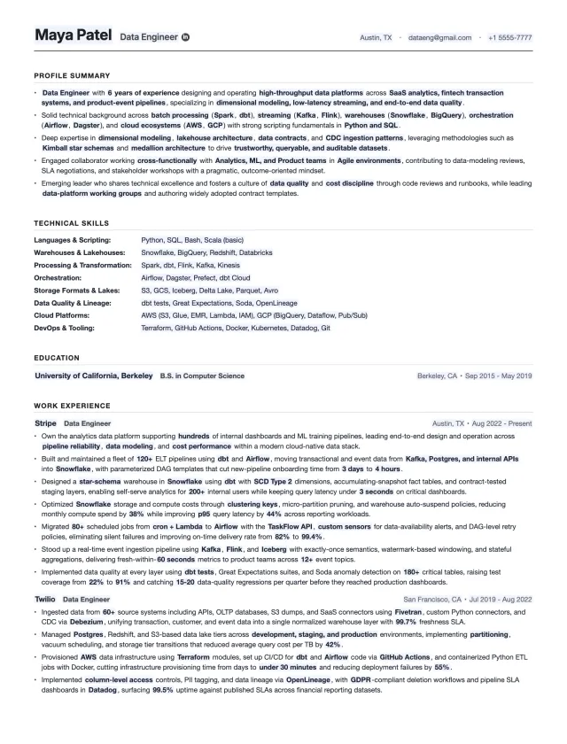 Data Engineer resume template preview