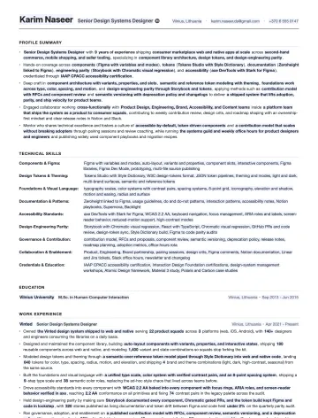 Design Systems Designer resume template preview