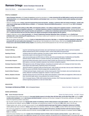 Developer Advocate resume template preview