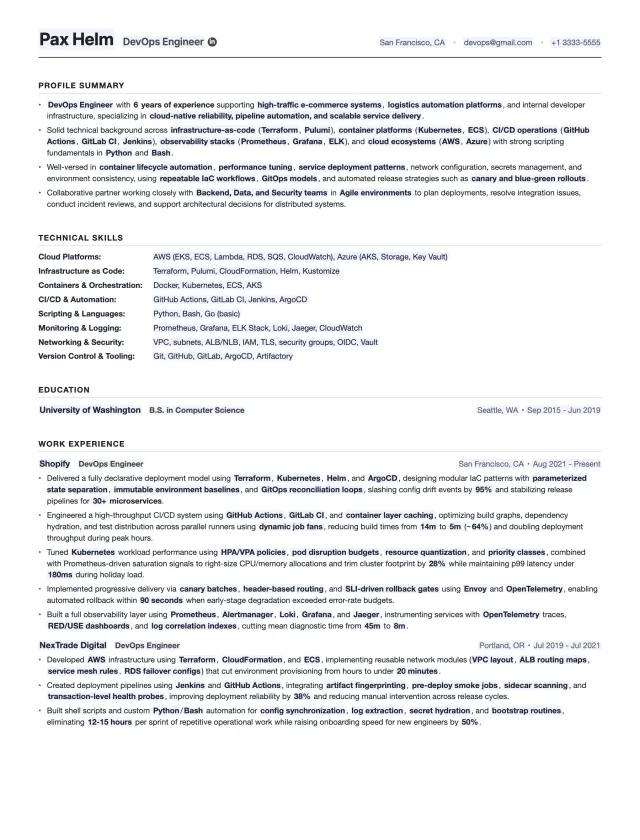 DevOps Engineer resume template preview