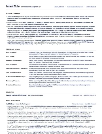 DevRel Engineer resume template preview