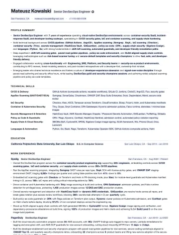 DevSecOps Engineer resume template preview