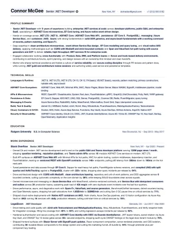 .NET Developer resume template preview