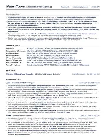 Embedded Software Engineer resume template preview
