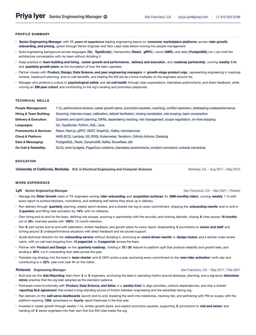The Engineering Manager resume template, filled in: profile summary, technical skills, education and work experience with the editable placeholders highlighted