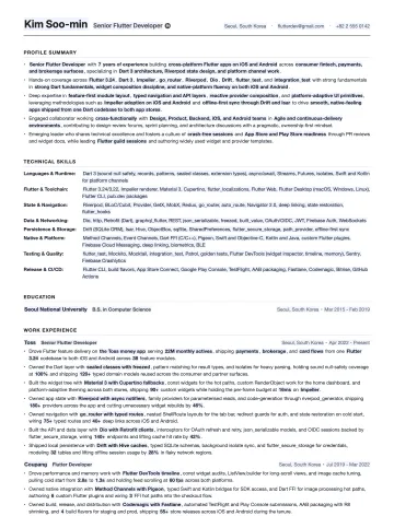 Flutter Developer resume template preview