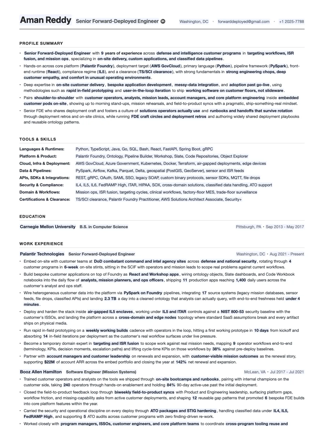 The Forward-Deployed Engineer resume template, filled in: profile summary, technical skills, education and work experience with the editable placeholders highlighted