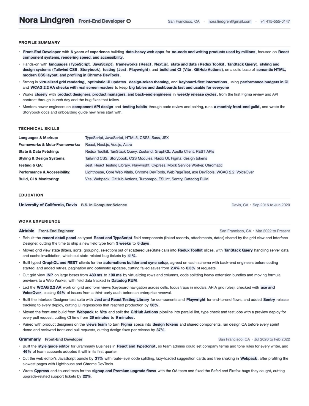 The Front-End Developer resume template filled in for a React and TypeScript developer: profile summary, technical skills, education and work experience