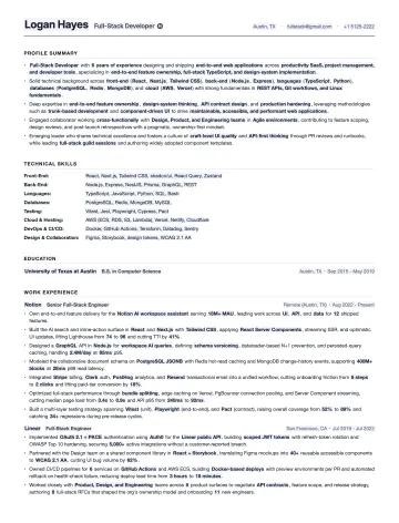 Full-Stack Developer resume template preview