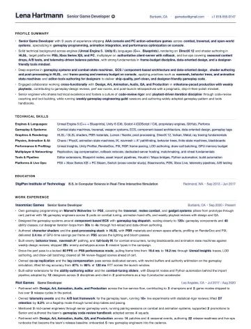 Game Developer resume template preview