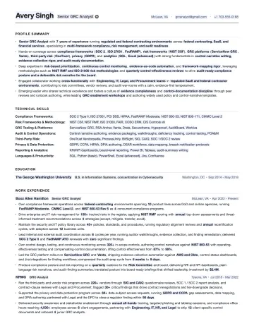 GRC Analyst resume template preview