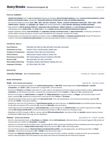 Infrastructure Engineer resume template preview