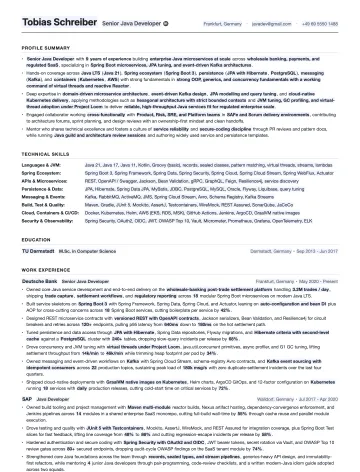 Java Developer resume template preview