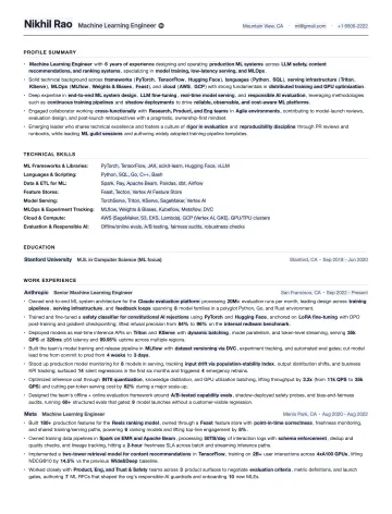 Machine Learning Engineer resume template preview