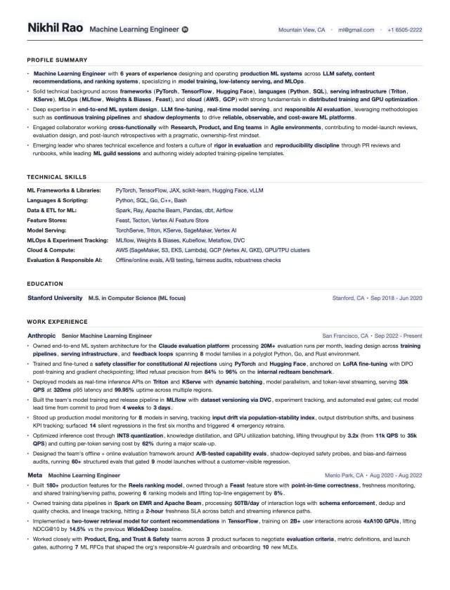 Machine Learning Engineer resume template preview