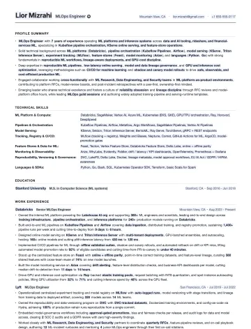 MLOps Engineer resume template preview