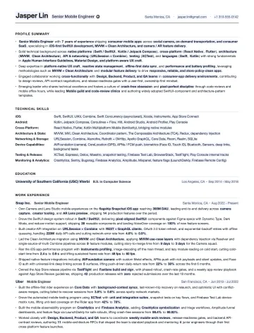 Mobile Engineer resume template preview