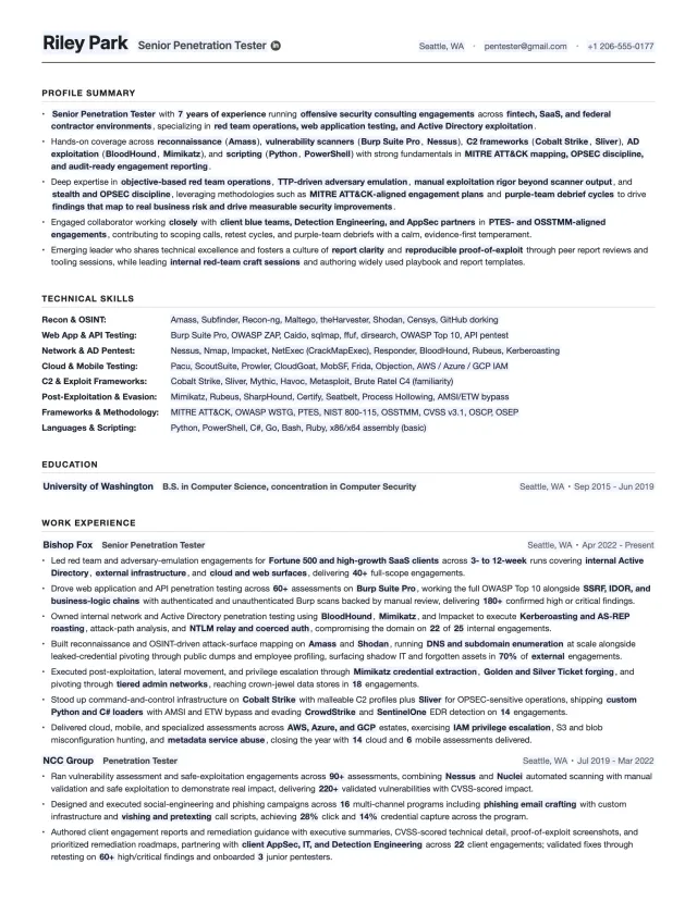 Penetration Tester resume template preview