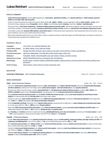 Performance Engineer resume template preview