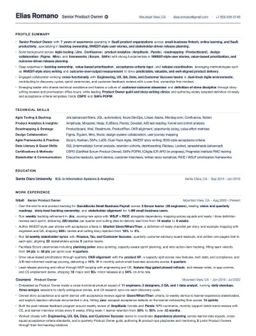 Product Owner resume template preview