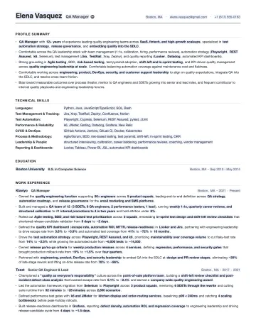 QA Manager resume template preview