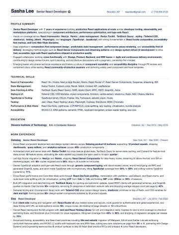 React Developer resume template preview