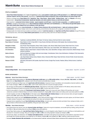 React Native Developer resume template preview