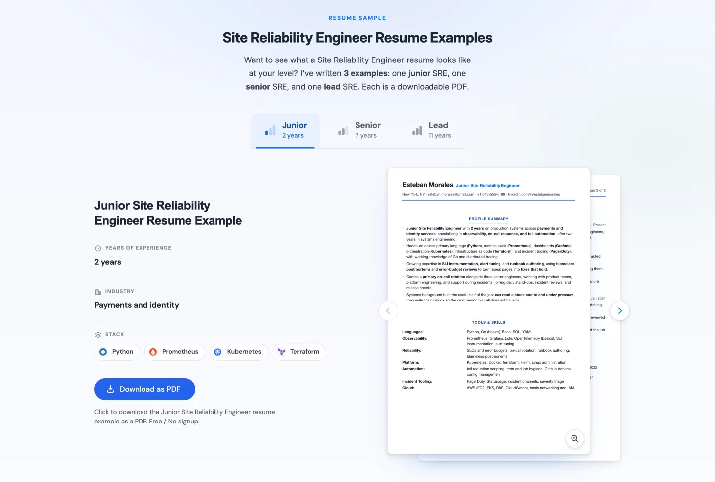 The resume examples block on the Site Reliability Engineer template page: junior, senior and lead tabs, the sample resume, years of experience, industry, stack, and a Download as PDF button