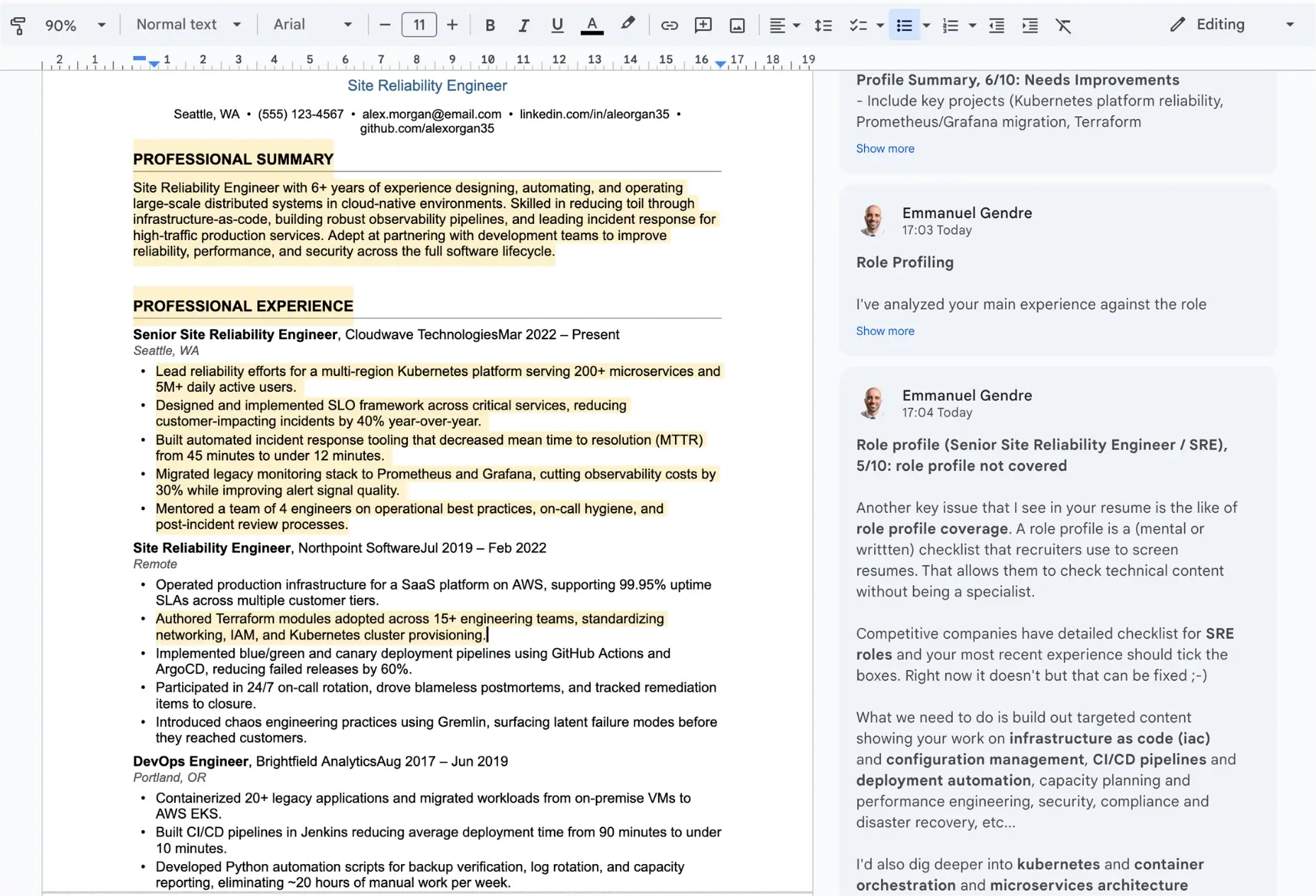 Example screenshot of a finished resume review: a Google Doc with rubric scores and inline comments from Emmanuel