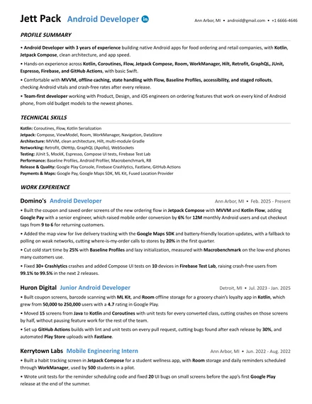 Android Developer resume example