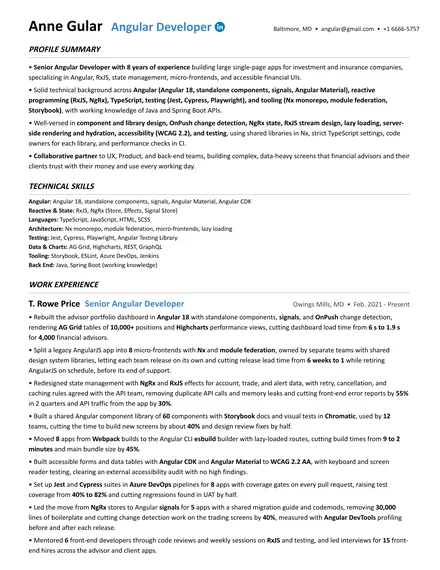 Angular Developer resume example