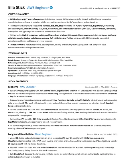 AWS Engineer resume example