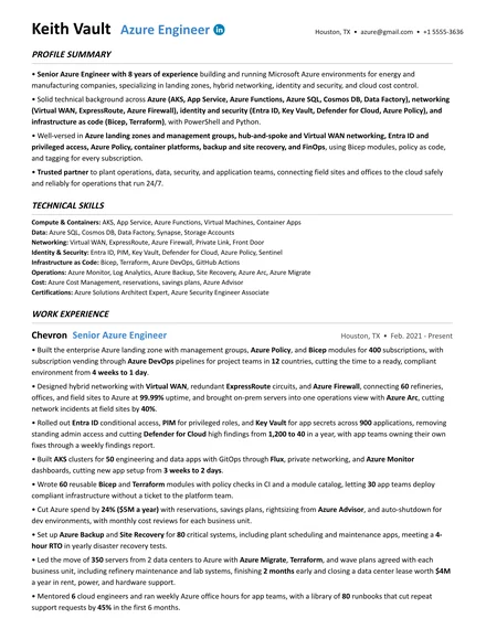 Azure Engineer resume example