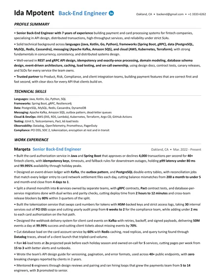 Back-End Engineer resume example
