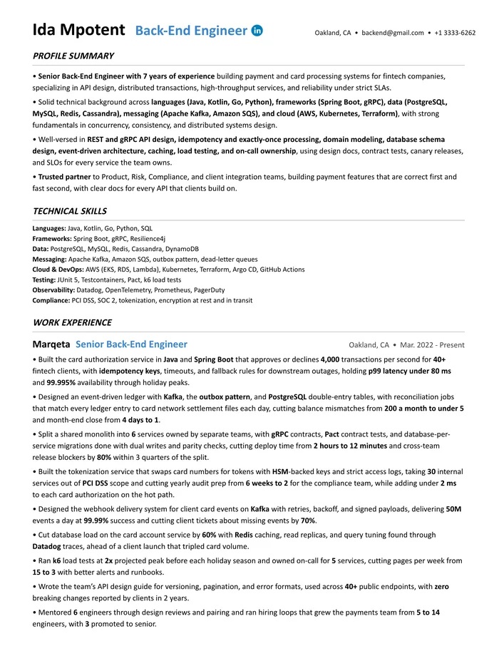 Back-end engineer resume rewritten by a former Google recruiter