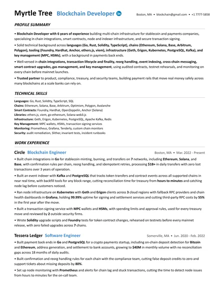Blockchain Developer resume example