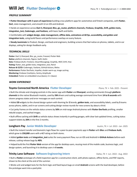 Flutter Developer resume example