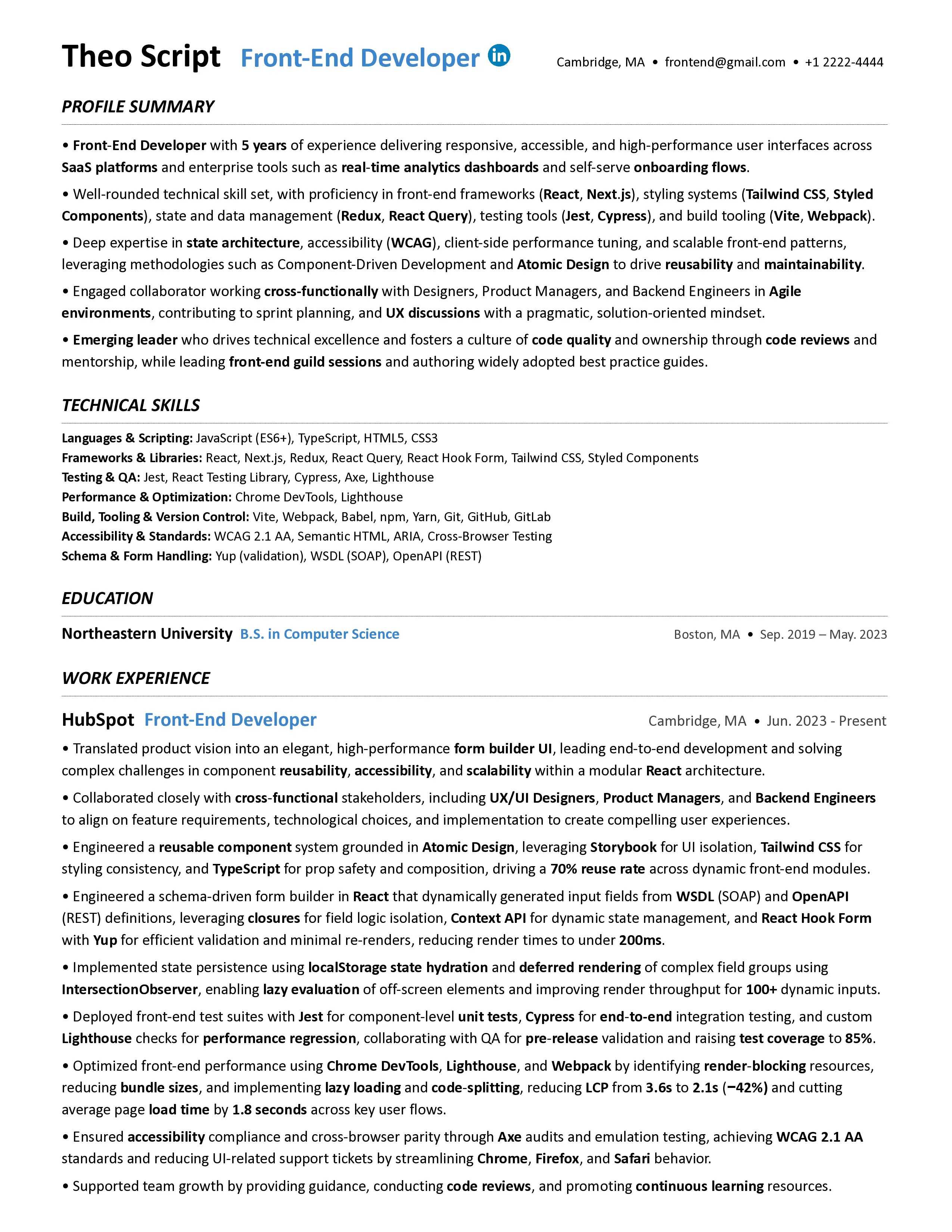 front-end resume sample
