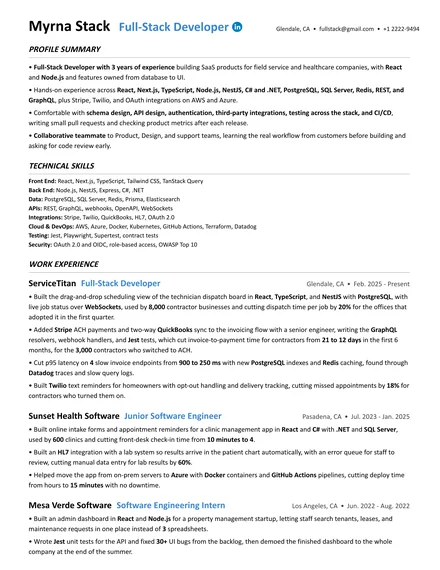 Full-Stack Developer resume example
