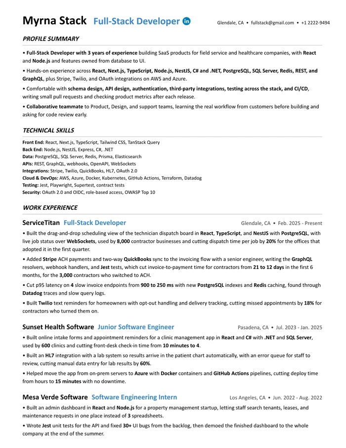 Full-stack developer resume from a software engineer resume writing service