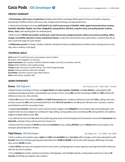 iOS Developer resume example