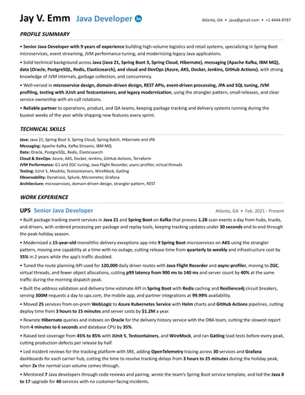 Java Developer resume example